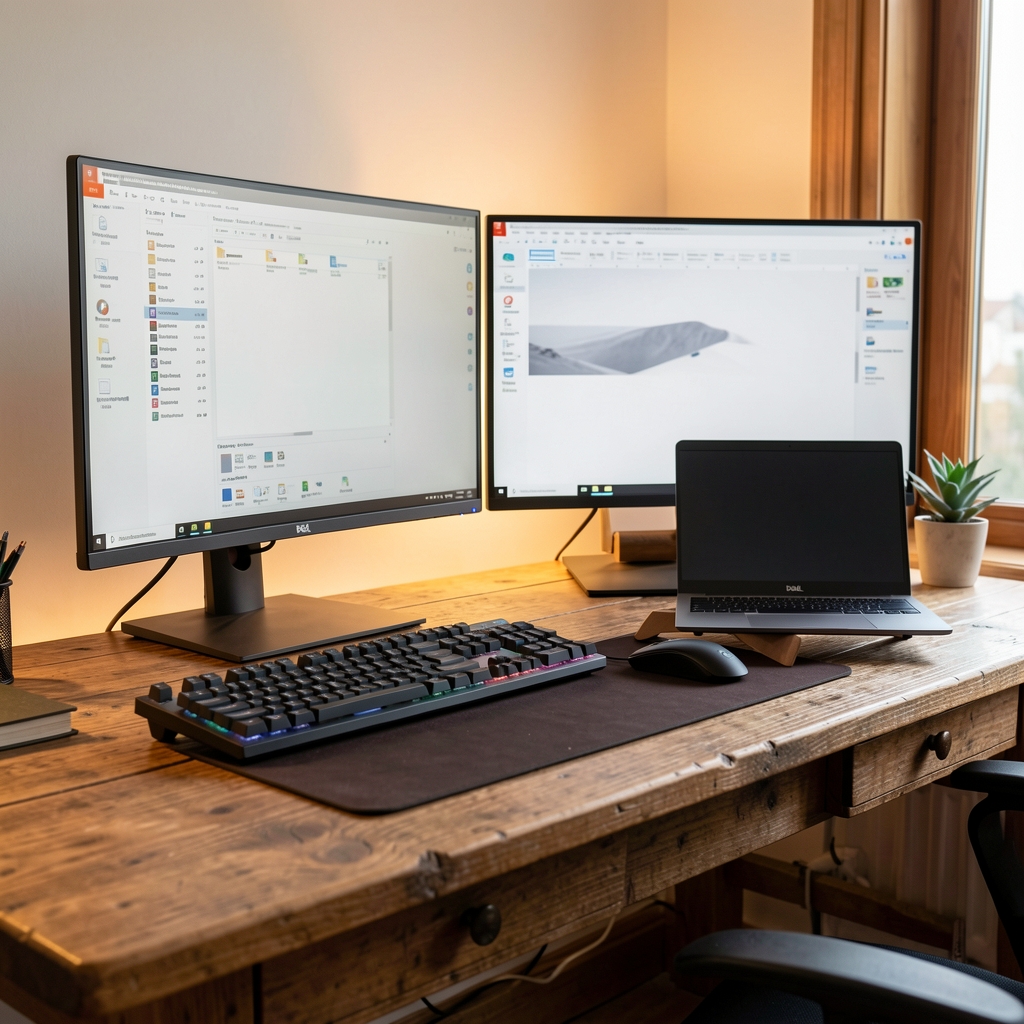 Setup complet de birou home office cu monitor ultrawide Samsung 34 inch, laptop Dell pe stand aluminiu, tastatură Keychron K8 albă, mouse Logitech MX Master 3S negru, plantă decorativă monstera, organizator cabluri și iluminare ambientală LED caldă galbenă