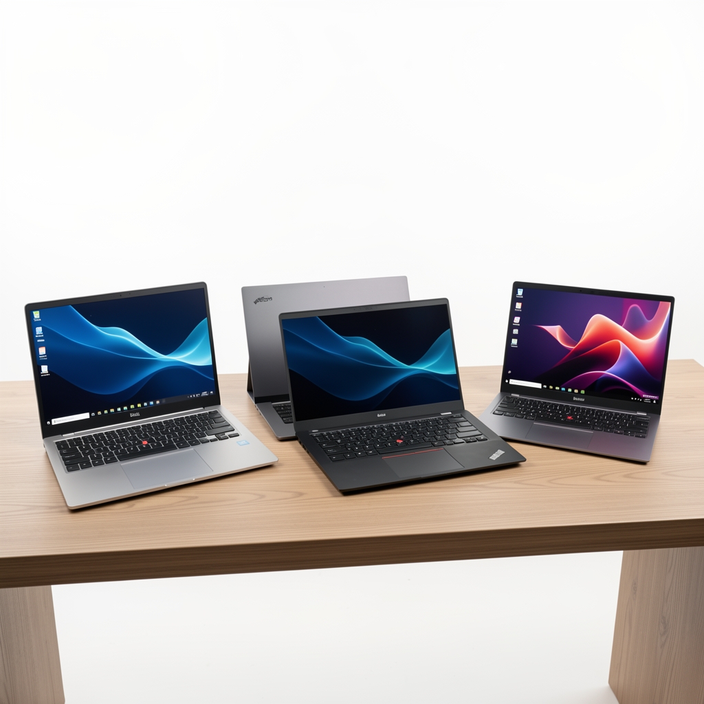 Selecție de șapte laptopuri profesionale 2024 aranjate pe birou din lemn: Dell XPS 15, MacBook Pro 14, ThinkPad X1 Carbon, HP EliteBook, ASUS ProArt, Lenovo Yoga și Huawei MateBook, iluminare studio albă
