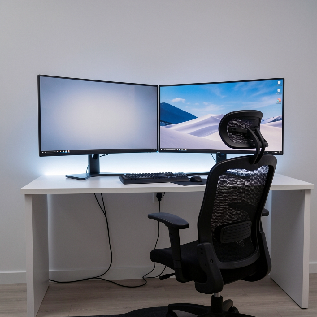 Setup dual monitor cu două monitoare ultrawide pe birou minimalist, iluminare ambientală LED în spate, scaun ergonomic negru