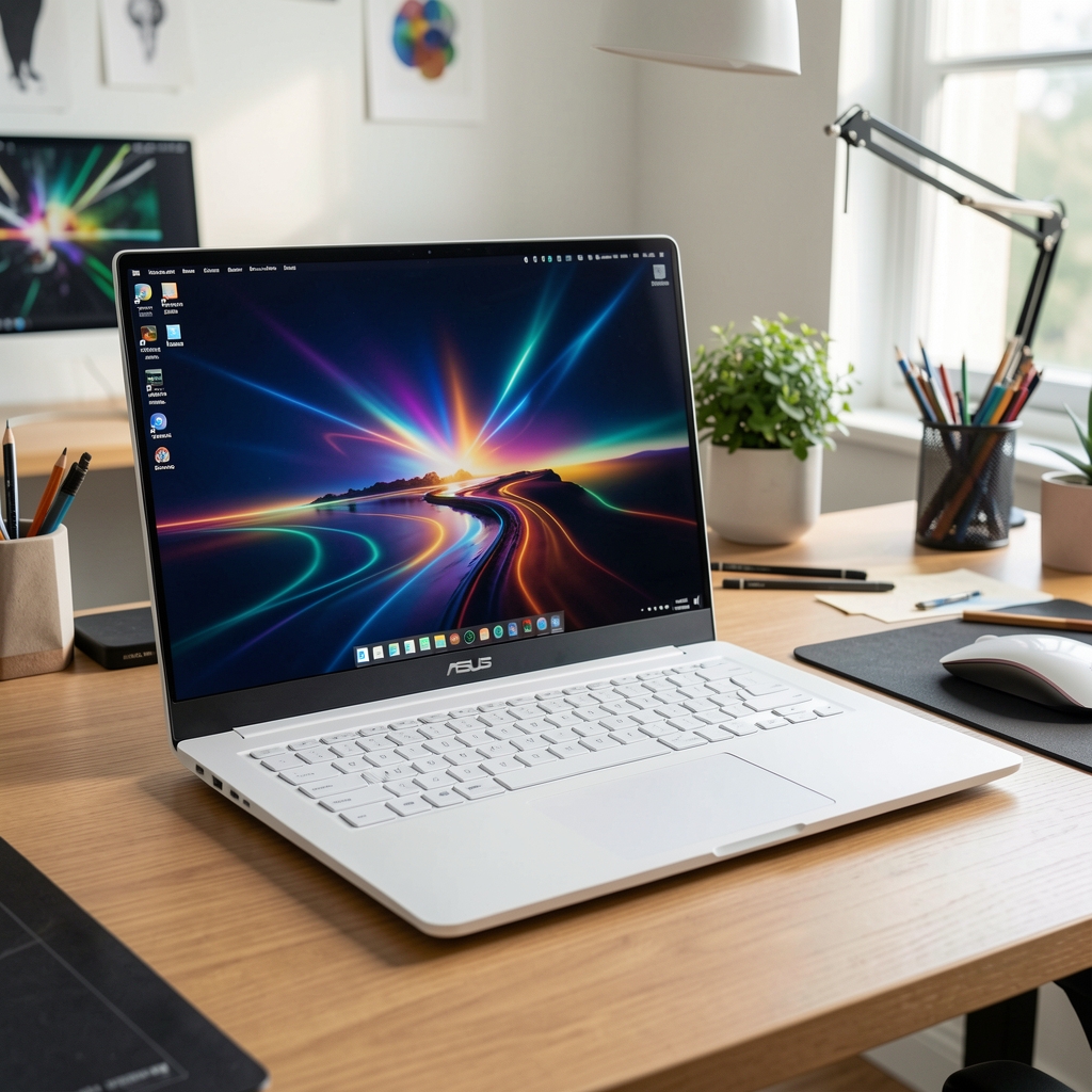 ASUS ZenBook Pro 16X OLED laptop creator cu ecran tactil 16 inch OLED 4K, NumPad integrat în touchpad, carcasă ceramică albă, pe un birou de design grafic