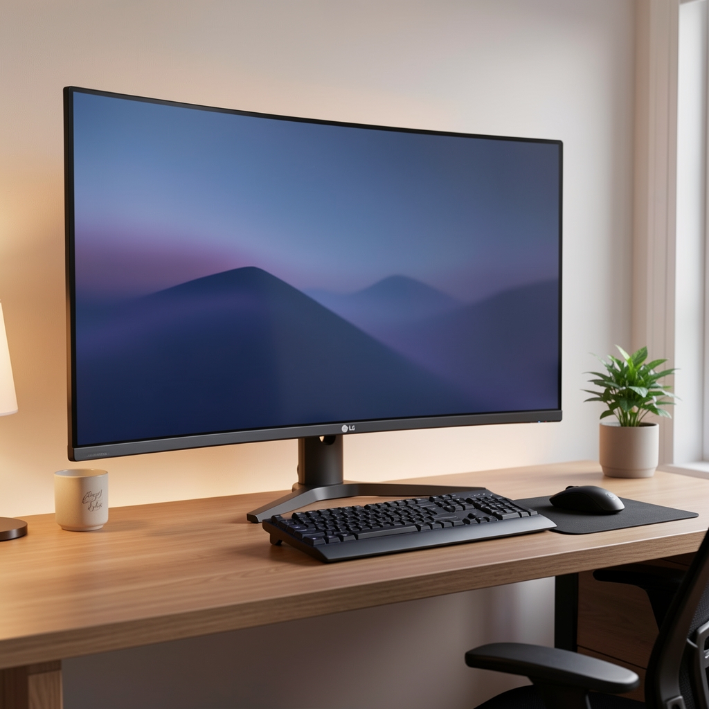 Monitor ultrawide LG 34 inch curbat pe birou ergonomic cu iluminare ambientala