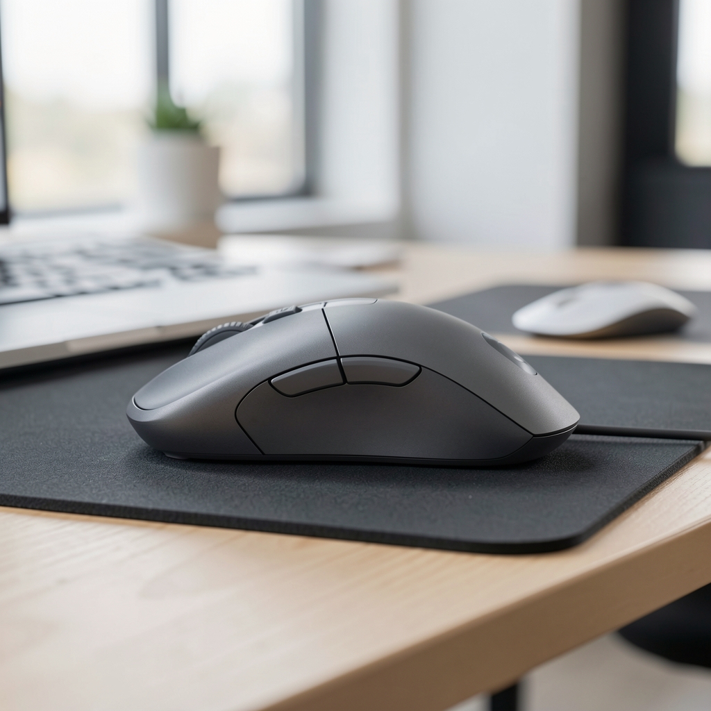Mouse ergonomic Logitech MX Master 3S gri spațiu cu design curbat pentru confort maxim, rotiță scroll metal, pe pad de birou alb