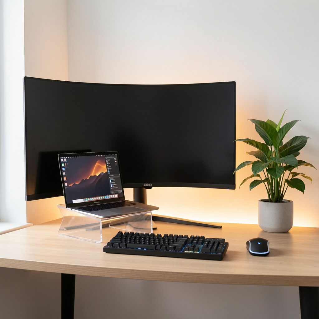 Birou home office organizat profesional cu monitor ultrawide 34 inch, laptop pe stand transparent, tastatură mecanică wireless, plantă decorativă și iluminare caldă LED pe perete alb